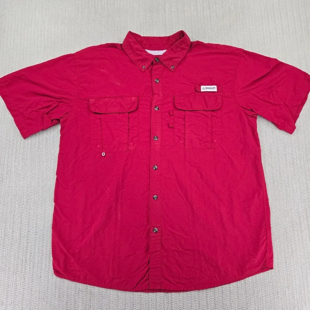 Magellan Outdoors Shirt Mens Large Red Short Sleeve Vented Fishing‎ Button Front